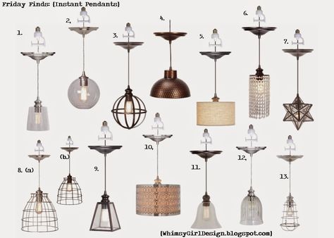 Whimsy Girl Design ~Friday Finds: Recessed Lighting Conversion Pendants.  Just screw the pendant into the recessed light like a regular bulb.  Links included! Change Recessed Light To Pendant, Convert Recessed Lighting To Pendant, Convert Can Light To Pendant, Replace Can Lights, Screw In Pendant Light, Kitchen Half Wall, Recessed Lights In Kitchen, Diy Hanging Light, Recessed Light Conversion Kit