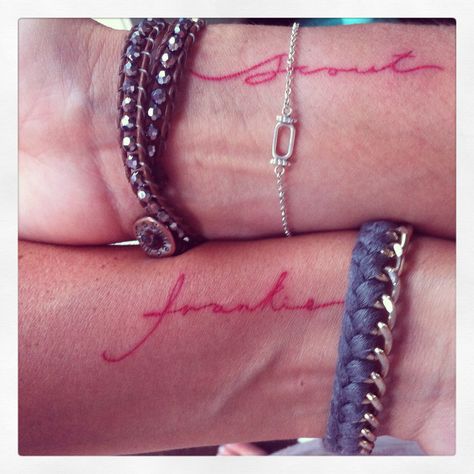 Fine script tattoo in red Bird Wrist Tattoo, Heart Wrist Tattoo, Cross Wrist Tattoo, Wrist Tattoos For Girls, Child Tattoos, Tattoo Bow, Music Symbol Tattoo, Tattoo Pet, Tattoo Anchor