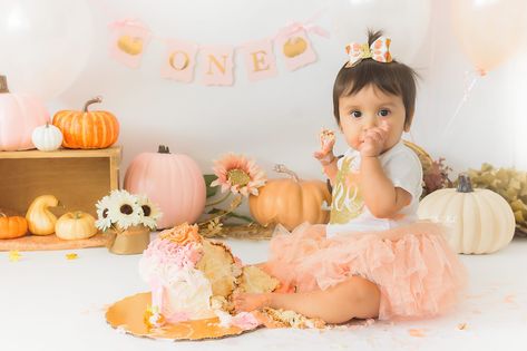 Fall Pumpkin Cake Smash Pumpkin Patch 1st Birthday Photoshoot, Fall Cake Smash Girl, Pie Smash Cake, Pumpkin Smash Cake 1st Birthdays, Rainbow Baby Birthday Party, Pumpkin Smash Cake, Fall Pumpkin Cake, Pumpkin Cake Smash, Fall Baby Birthday