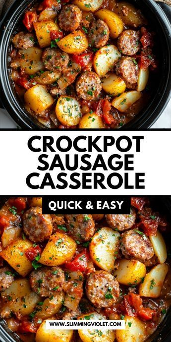 Try a hearty Crockpot Sausage Casserole that’s packed with flavor! Sausage, veggies, and a savory sauce cook together effortlessly for a comforting meal. Ideal for busy nights. Save this pin for an easy and delicious dinner option! Beef Sausage Crockpot Recipes, Cheap Crockpot Meals For Large Families, Sausage And Gravy Crockpot, Easy Crockpot Meals Sausage, Easy Dinner Ideas For Two Crockpot, Sausage Potatoes And Peppers Crockpot, Sausage Recipes In Crockpot, Sausage And Potatoes In Crockpot, Crockpot Recipes Fast And Easy