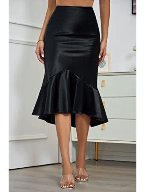 Buy ALCEA ROSEA Women High Waist Satin Skirt Fishtail Silky Skirts Bodycon Stretchy Mermaid Pencil Midi Skirt online | Topofstyle Fishtail Skirt Outfit, Alcea Rosea, Satin Pencil Skirt, Classy Skirts, Pencil Midi Skirt, Fishtail Skirt, High Waisted Pencil Skirt, Mommy Style, Satin Midi Skirt