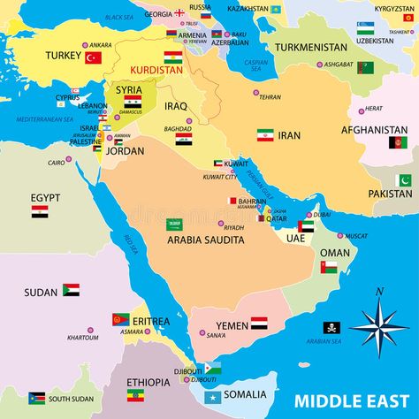 Middle East Map With Borders And Flags Stock Illustration - Illustration of international, east: 62737536 Kurdistan Map, Middle East Airlines, Middle East Map, World Map Continents, Middle East Countries, Middle East Culture, Asia Map, Geography Map, Kuwait City