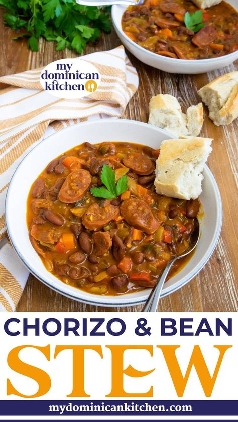 This 30-minute Chorizo and Bean Stew is incredibly easy to make and has tons of flavor! This 30-minute Chorizo and Bean Stew is incredibly easy to make and has tons of flavor! It’s made with Spanish chorizo, red kidney beans, onions, peppers, carrots, garlic, oregano and a bit of saffron. This stew is the comforting dinner you are looking for! | @mydominicankitchen Chorizo And Bean Stew, Spanish Chorizo, Chorizo And Potato, Comforting Dinner, Red Kidney Beans, Creamy Potato Soup, Cheeseburger Soup, Stewed Potatoes, Instant Pot Soup