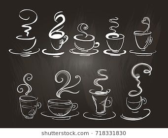 Set of stylized coffee cups on a chalkboard. Hand-drawn, doodle style. Line art. Isolated. Cafe Chalkboard, Papan Tulis Kapur, Coffee Chalkboard, Chalkboard Art Diy, Deur Sticker, Chalkboard Wall Art, Chalkboard Doodles, Menu Cafe, Blackboard Art