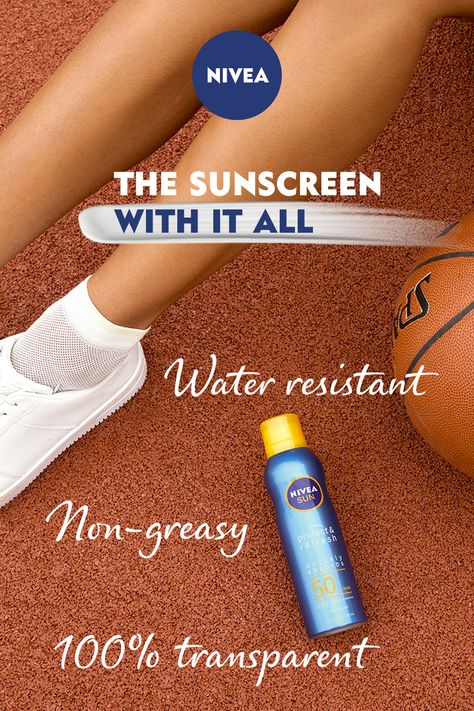 Regular application of NIVEA Sun spray-on sunscreen helps keep your skin protected from the sun – the formula is light and non-greasy, and gives you a refreshing  boost! #NIVEA #skinprotection #summer #suncare #family #love #caring #sunblock #suntan #sunlotion Nivea Ads, Sunscreen Ads, Nivea Sunscreen, Digital Moodboard, Posters Layout, Graphic Design Posters Layout, Skincare Products Photography, Sun Screen, Sun Block