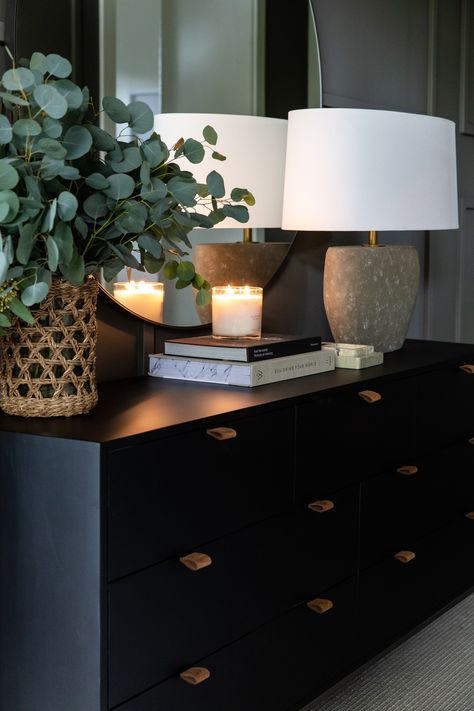 Lowboy Dresser Styling, Moody Room Ideas, Bedroom Chest Of Drawers Decor, Black Dresser Decor, Black Dresser Bedroom, Drawers Decor, Bedroom Dresser Styling, Chest Of Drawers Decor, Dresser Decor Bedroom