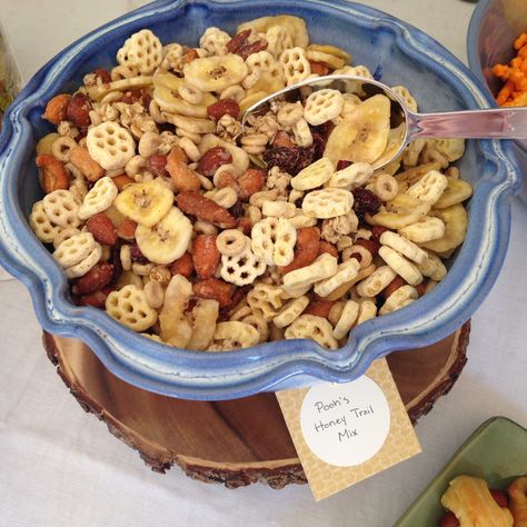 Honey Trail Mix for Winnie the Pooh baby shower - honeycomb cereal, Honey Nut Cheerios, Honey roasted nuts, banana chips, Craisins, and pumpkin flax granola. Classic Pooh Baby Shower Ideas, Pumpkin Flax Granola, Honeycomb Cereal, Flax Granola, Honey Nut Cheerios, Pooh Party, Winnie The Pooh Themes, Pooh Birthday, Winnie The Pooh Baby Shower