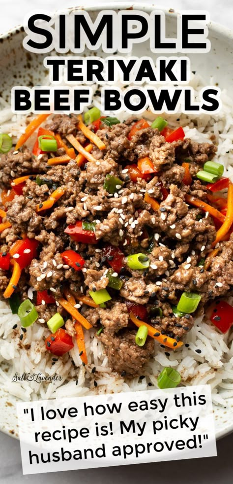 Ground Beef Recipes Teriyaki, Hamburger Teriyaki Ground Beef, Healthier Ground Beef Recipes, Ground Beef Teriyaki Recipe, Ground Beef Teriyaki Bowl, Beef Teriyaki Bowl, Teriyaki Beef Bowl, Teriyaki Beef Recipe, Easy Rice Bowls