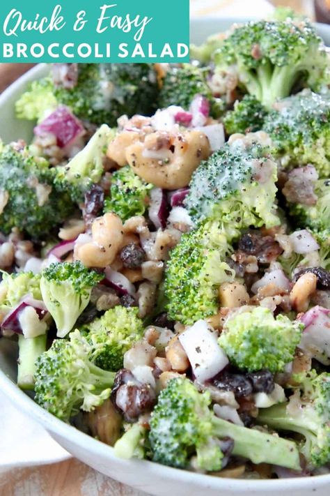 What if I told you that it only takes 10 minutes to whip up THE BEST Broccoli Salad ever?! That's right, this delicious broccoli salad with bacon, raisins and cashews is so easy to make and everyone at your next BBQ or party will go crazy for this recipe! If you've ever had Joan's Broccoli Madness at Sweet Tomatoes, then you're going to love this copycat recipe! For a quick and easy shortcut, I toss the salad in my favorite creamy Coleslaw dressing. It's sweet, salty, crunchy & SO EASY to make! Basil Quinoa, Creamy Coleslaw Dressing, Sweet Corn Casserole, Best Broccoli Salad, Best Broccoli Salad Recipe, The Best Broccoli, Easy Broccoli Salad, Lettuce Salad Recipes, Delicious Broccoli