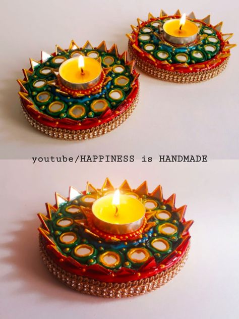 DIY Tea-Light Candle Holder Decoration Ideas | Diya Decoration Ideas For Diwali | Lippan Art Work Tea Light Holder Diy Crafts, Lippan Art On Diya, Diya Decoration Ideas Creative, Tea Light Holder Diy, Shish Mahal, Arti Decoration, Cd Decoration, Indian Decor Diy, Decorating Plates