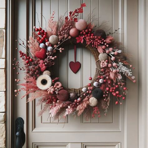 Wreaths For Front Door Valentines Day, Valentine’s Day Wreath Ideas, Valentines Wreaths For Front Door, Valentines Day Wreaths Front Doors, Valentine Front Door Decor, Valentines Door Wreath, Valentine Decorating Ideas, Valentines Day Wreaths, Christmas Crafts Diy Decoration