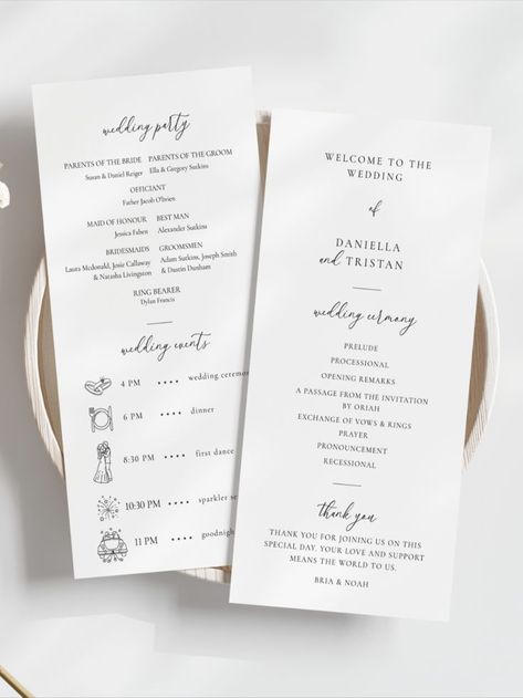 The template is perfect as a welcome card to provide information on all wedding events & timeline of ceremony! Use this template to edit the fonts, font colour & background colour to match your event needs
🤍 DEMO LINK 
https://templett.com/design/demo/Lucy96/15782606
🤍 INSTANT DOWNLOAD
- Access your template after your purchase
- Edit in your browser using TEMPLETT
- No need to download any software
🤍 WHAT'S INCLUDED
- Wedding Program - 4x8"(fully editable with interchangeable wedding icons) Wedding Events Timeline, Wedding Icon, Welcome Card, Colour Background, Wedding Ceremony Programs, Wedding Programs Template, Order Of Service, Ceremony Programs, Program Ideas