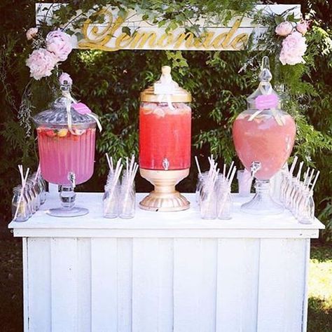 The chicest lemonade stand for your bridal shower. Strawberry, raspberry, or peach. This is a great DIY project and pretty much perfect for a Beyoncé loving bride-to-be . #theblackbachelorette #lemonadestand Beverage Station Party, Drinks Cart, Bridal Shower Drinks, Desert Bar, Witches Halloween Party, Sweet 16 Themes, Drink Stand, Drinks Party, Strawberry Drinks