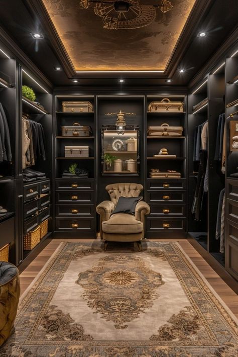 Moody Walk In Closet, Dark Dressing Room, Modern Luxury Wardrobe, Luxurious Walk In Closet, Walk In Closet Ideas, Master Closets, Monochromatic Bedroom, Glam Ideas, Brush Straightener