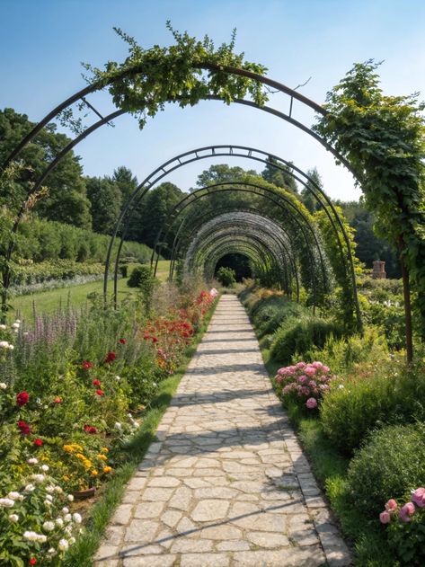 Take a stroll through this stunning stone walkway surrounded by vibrant flowers and leafy archways! 🌼🌿 Let nature's beauty inspire your garden dreams! Like and share if you're ready to create your own garden paradise! 💚 . #homeandgarden #betterhomesandgardens #homegardening #homesandgardens #homegarden #gardenhome #gardeningathome #flowers #plants #beautifulflowers Trellis Pathway, Garden Pathways, Garden Paradise, Stone Walkway, Elegant Garden, Garden Pathway, Vibrant Flowers, Garden Path, Climbing Plants