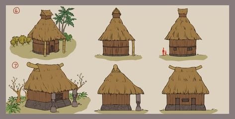 These are some Illustration Design Sheets for the Jungle Island Village Hut Illustration, Jungle Hut, Jungle Island, Illustration Design, Exterior, Design