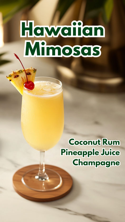 Hawaiian Mimosas Pineapple Champagne Cocktail, Pineapple Coconut Mimosa, Pineapple Rumchata Recipes, Pineapple Mimosa Recipe, Resort Drinks, Hawaiian Mimosa, Pineapple Juice Cocktails, Rum And Pineapple Juice, Coconut Rum Cocktails