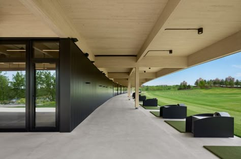 Driving Range Ideas, Golf Course Design, Golf House, Range Design, Clubhouse Design, Golf Driving Range, Golf Clubhouse, Wooden Panelling, Golf Range