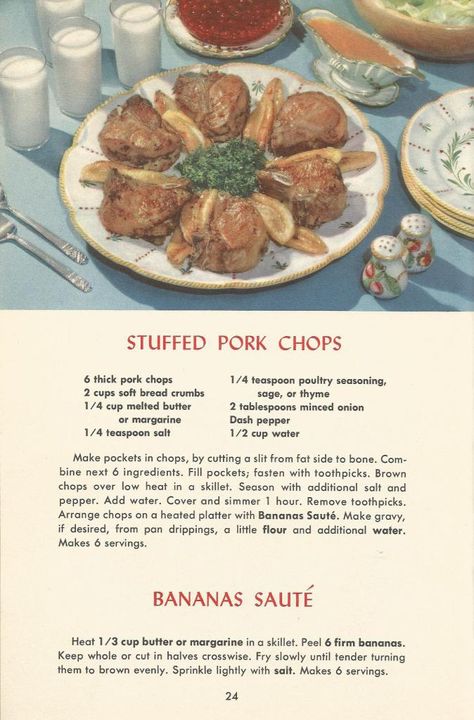 vintage meat recipes, pork, lamb Vintage Recipes 1950s, 1950s Recipes, Cottagecore Recipes, 1950s Food, Homemade Cookbook, Handwritten Recipes, Vintage Cooking, Chops Recipe, Retro Recipes