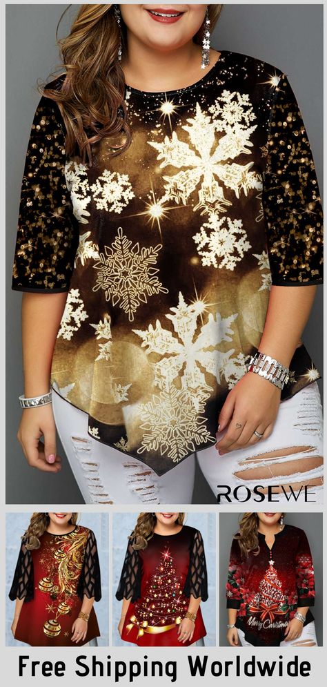 Fancy Holiday Outfits, Fashionista Outfits, Tops Online Shopping, Christmas Attire, Plus Size Sequin, Plus Size Christmas, Shirt Quotes, Plus Size Fall Fashion, Snowflake Print