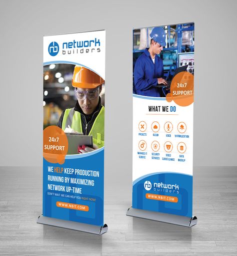 Bold, Serious, Manufacturing Trade Show Booth Design for Network Builders IT by alex989 | Design #18000892 Trade Show Banners, Pull Up Banner Design, Standing Banner Design, Rollup Banner Design, Show Booth Design, Shop Banner Design, Tradeshow Banner, Rack Cards Design, Roll Banner