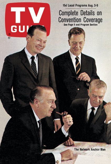 TV Guide: August 3, 1968 - The Network Anchor Men - David Brinkley and Chet Huntley (standing), Walter Cronkite and Howard K. Smith (sitting) Old Television, 1960s Tv Shows, History Of Television, Broadcast News, Vintage Television, Swinging Sixties, Classic Television, Abc Tv, Old Tv Shows