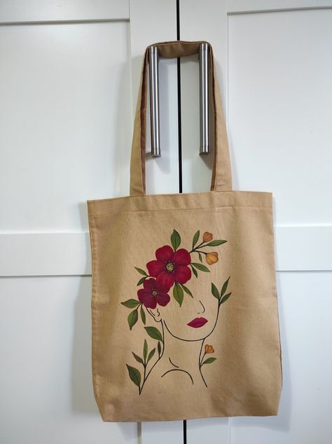 Flores en perfil Painting On Canvas Bag, Tote Bag Painting Ideas Aesthetic, Tote Bags Painting, Canvas Bag Painting Ideas, Paint Tote Bag, Diy Fabric Purses, Fabric Bag Design, Decorated Tote Bags, Creative Tote Bag