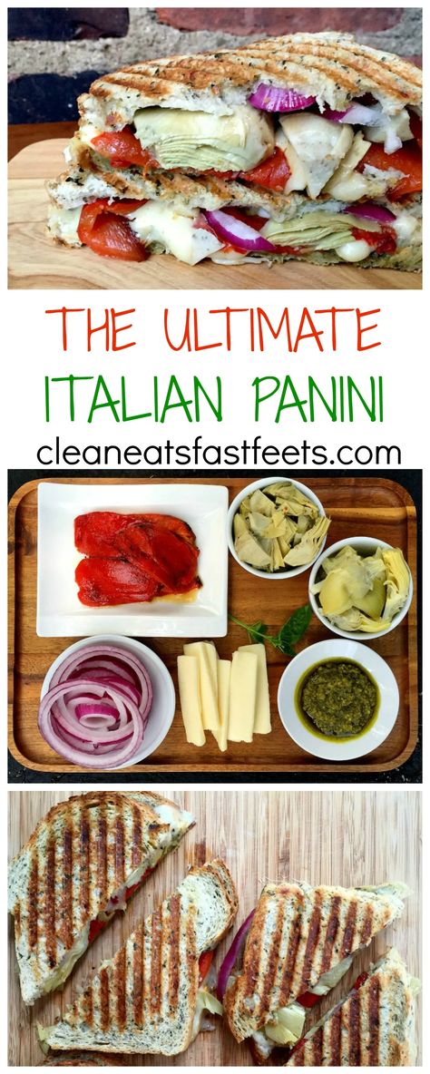 The Ultimate Italian Panini Recipe - Clean Eats, Fast Feets Italian Panini, Panini Recipe, Pesto Mozzarella, Panini Recipes, Panini Sandwiches, Red Bell Peppers, Sliced Bread, Artichoke Hearts, Clean Eats