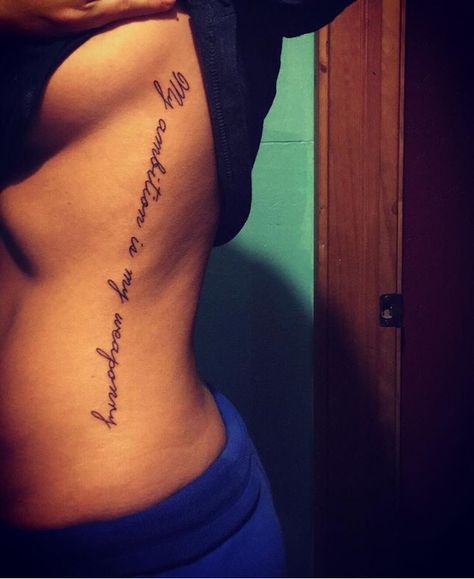 Side tattoo. My ambition is my weaponry. Script Side Tattoos Women, Side Tattoos Women Ribs Meaningful, Quote Tattoo Ideas, Rib Tattoo Quotes, Side Tattoos Women, Enough Tattoo, Side Thigh Tattoos, Tattoo Quote, Tattoo Red