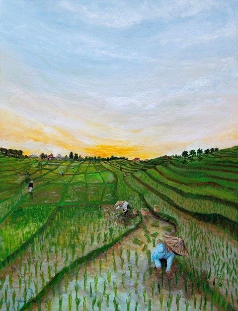 Rice Artwork, Rice Paddies, Rice Paddy, Bedroom Contemporary, Sky Artwork, Green Bedroom, Sunflower Wallpaper, Nature Artwork, Landscape Scenery