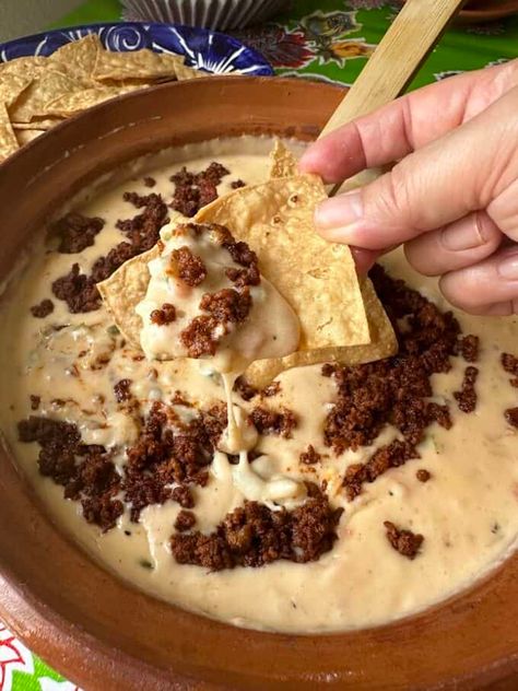 Queso Dip with Chorizo! - La Piña en la Cocina Queso Dip With Chorizo, Chicken Picadillo, Dip With Chorizo, White Queso Dip, Beef Chorizo, White Pizza Sauce, Nacho Dip, Mexican Chorizo, Hispanic Recipes