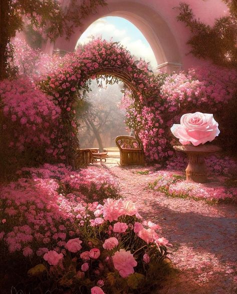 Secret Garden Fantasy Art, Flower Castle Fantasy Art, Rose Garden Art, Pink Wishlist, Tulips Arrangement, Fairy Home, Rose Vines, Dreamy Landscapes, Girl Baby Shower Decorations