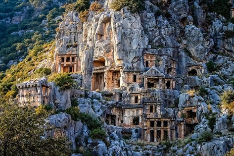 Lycian rock cut tombs in #Myra Lycia #Demre #Antalya #Turkey Side Turkey, Turkey Destinations, Antalya Turkey, Turkey Travel, Future Travel, Ancient Cities, Unesco World Heritage Site, Antalya, Beautiful Beaches