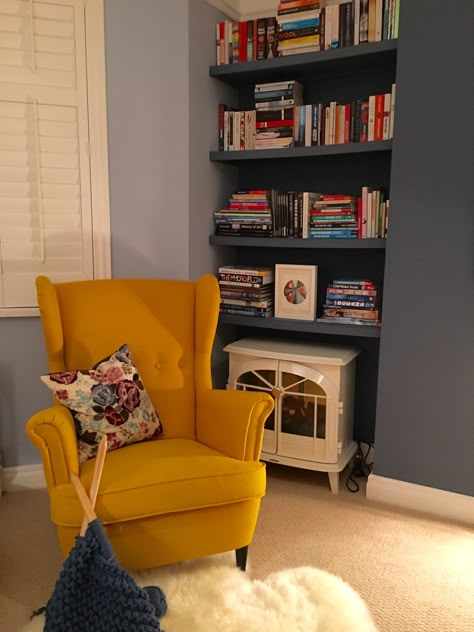 Ikea Strandmon Chair Yellow, Strandmon Yellow, Ikea Strandmon Chair, Ikea Yellow Chair, Reading Corner Ideas For Adults, Reading Corner Living Room, Strandmon Ikea, Strandmon Chair, Ikea Strandmon