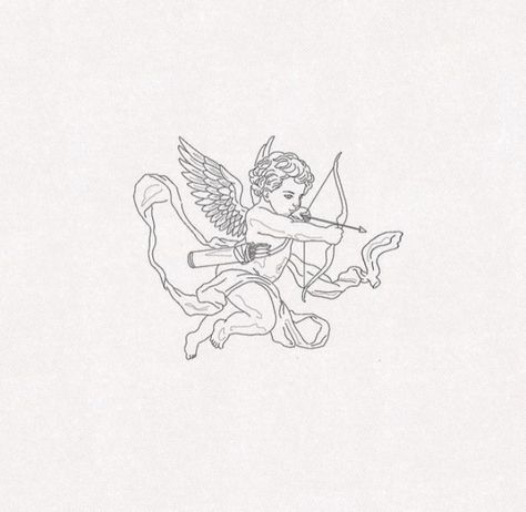 Greek Cupid Tattoo, Small Cupid Tattoo, Cupid Tattoo Design, Chest Tattoo Angel, Angel Flash Tattoo, Little Angel Tattoo, Tattoo Greek Mythology, Cupid Drawing, Cherub Tattoo Designs