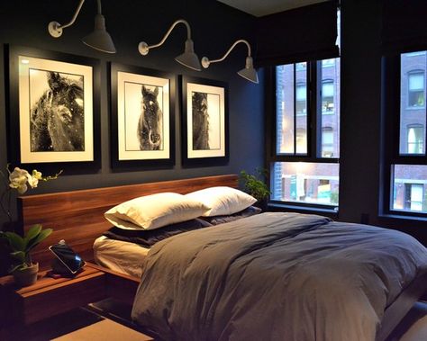 Absolutely love the artwork and the lighting. Wonderful! ❤  like the placement of the lighting/ the color of walls Men Bedroom Design, Men's Bedroom Design, Design Seed, Bedroom Ideas On A Budget, Bedroom Dark, Small Bedroom Remodel, Guest Bedroom Design, Masculine Bedroom, Navy Walls