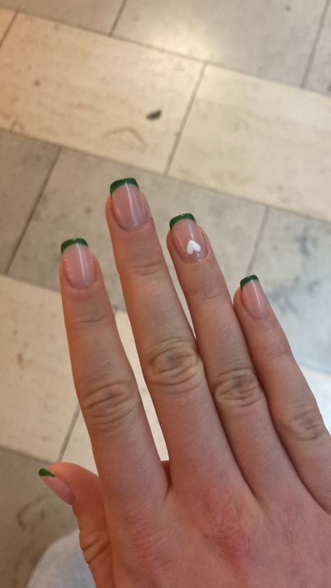 White Nails With Green Tips, Short White And Green Nails, Natural Prom Nails Short, Green Nails With White Tips, Green French Tip Short Nails, Prom Nails Gel Short, Short Nails Dark Green, Green Prom Nails Short, Short Nail Inspo Green