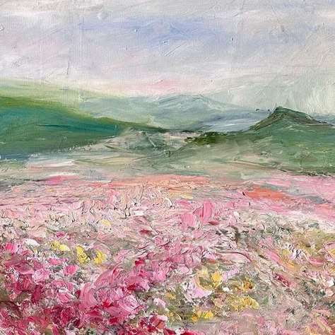 Maria-Victoria Checa 🇫🇷🇳🇮🇺🇸 on Instagram: "Pink Flower Field Oil on Canvas, 24” x 30” Getting a hang of perspective! What do you think? Available for sale! DM me! #wildflowers #flowerfield #abstractlandscape #impressionism #impressionisme #monet #peintureabstraite #peinturealhuile #mvchecaart #bethesdarow #bethesdamd #emergingartist #color #artwatchers #artforhome #firsttimehomebuyer #dcrealestate #flowers #abstractimpressionism #paintingforsale #artforsalebyartist #dcart #mdart #artforthe Pink Flower Field Painting, Pink Monet Painting, Pink Flower Field, Flower Field Painting, Post Impressionism Art, Coquette Art, Maria Victoria, Pink Flower Painting, Art Alevel