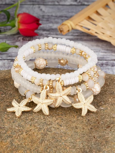 4pcs/set Starfish Charm Beaded Bracelet Multicolor         Women Fashion Jewelry, size features are:Bust: ,Length: ,Sleeve Length: Bracelets Preppy, Beachy Bracelets, Charm Beaded Bracelet, Preppy Bracelets, Beachy Jewelry, Preppy Jewelry, Stella Marina, Bracelet Sets, Beach Bracelets