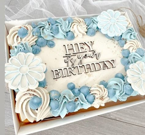 Blue And White Sheet Cake, 18th Birthday Cake Square, Sheet Cake Designs Birthday Women, Birthday Sheet Cake For Women, Blue Sheet Cake, Rectangular Birthday Cake, Birthday Cake Rectangle, Decorated Sheet Cakes, Sheet Cakes Decorated Birthdays