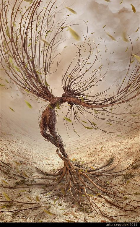 Very expressive. Called "Dream of Flying." Made with free software Blender. Tree People, Blowing In The Wind, Tree Spirit, Arte Fantasy, Tree Art, Fantasy Creatures, Mythical Creatures, Dark Art, A Tree