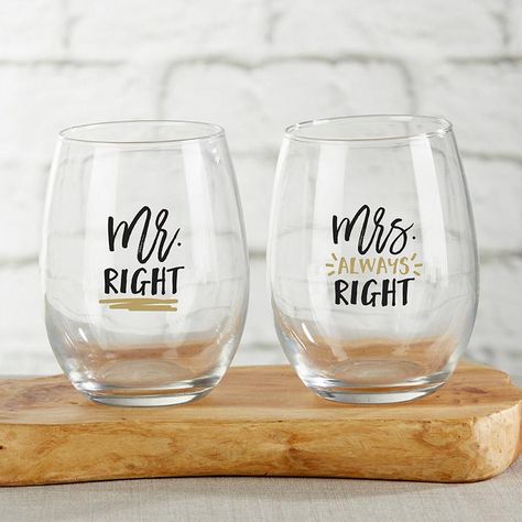 Stemless Wine Glass Wedding Favors, Mr Right Mrs Always Right, Funny Wine Glasses, Mrs Always Right, Mr Right, Wine Glass Set, Wine Humor, Stemless Wine Glasses, Personalized Party