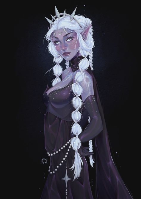 Lunar Sorcerer Art, Moon Sorcerer, Selune Cleric, Dream Goddess, Selune Dnd, Drow Fashion, Moon Elf Costume, Moon Cleric, Elf Oc Female