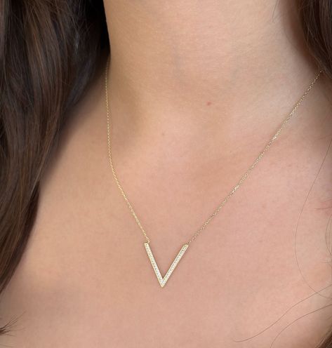 V Shaped Necklace, Gold Geometric Necklace, V Pendant, V Letter, Necklace Stone, Solid Gold Necklace, Necklace Wedding, Geometric Necklace, Gift Product