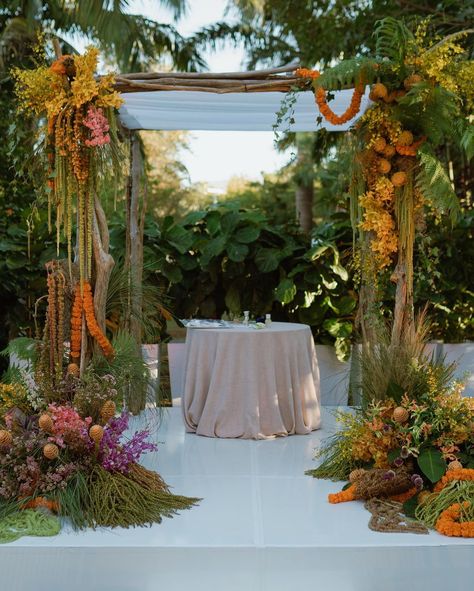 Calma (@calma_floral) | Instagram Chuppah Flowers, Tropical Wedding Theme, Floral Arch Wedding, Wedding Elements, Modern Tropical, Tropical Party, Tropical Theme, Floral Arch, March 17