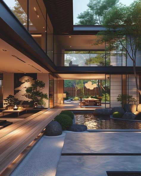 A large modern Japanese-style courtyard house has a minimalistic garden right at the center of it. The residents can see it in almost all parts of the house. Japan Houses Interior, Rich Japanese House, Luxury Japanese House, Japanese House Modern, Minimalistic Garden, Japanese Mansion, Japanese Courtyard, Japanese Modern House, Modern Japanese House