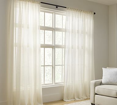 Emery Linen Sheer Curtain | Pottery Barn Ivory Curtains, Curtain Rings With Clips, Sheer Linen Curtains, White Drapes, White Sheer Curtains, Linen Drapes, Sheer Drapes, Williams Sonoma Home, Rod Pocket Curtains