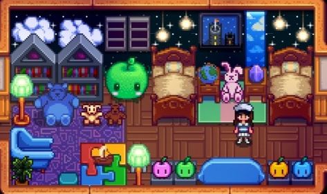 stardew valley design inspiration Sdv Nursery, Stardew Valley Kids Room Design, Stardew Kids Room, Stardew Valley Kids Room, Stardew Valley Design, Stardew Valley Layout, Stardew Valley Tips, Stardew Valley Farms, Valley Cottage