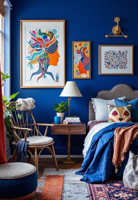 Blue Boho Girls Bedroom Blue Maximalist Bedroom, Boho Girls Bedroom Ideas, Cobalt Blue Bedrooms, Bright Bedroom Decor, Cobalt Blue Bedroom, Blue Boho Bedroom, Boho Girls Bedroom, Brighter Bedroom, Creativity Ideas