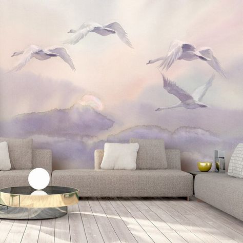 Traditional Japanese Art, Wallpaper Rolls, Sunset Wallpaper, Accent Wallpaper, House Doctor, Swans, New Wall, Modern Spaces, Self Adhesive Wallpaper